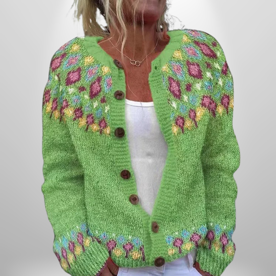 Elva™ | Green Patterned Loose-Knit Cardigan