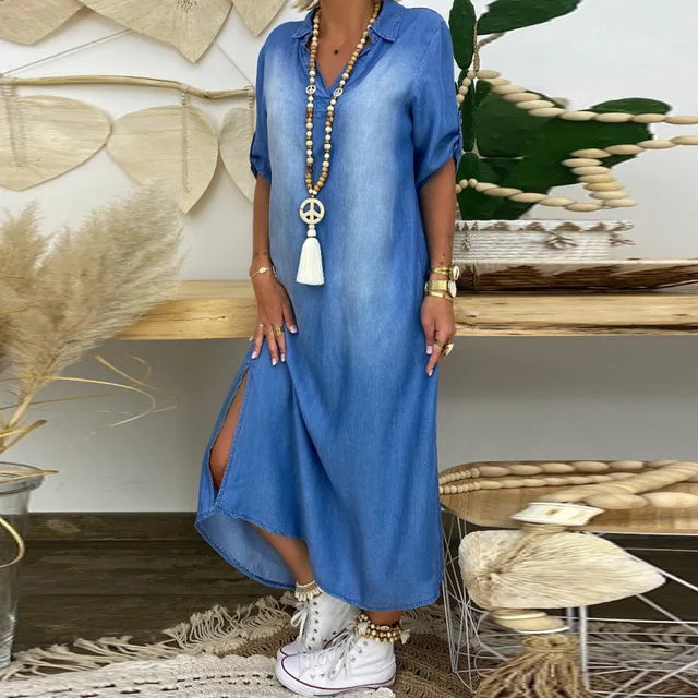 Marina™ | Denim‑Look Maxi Dress