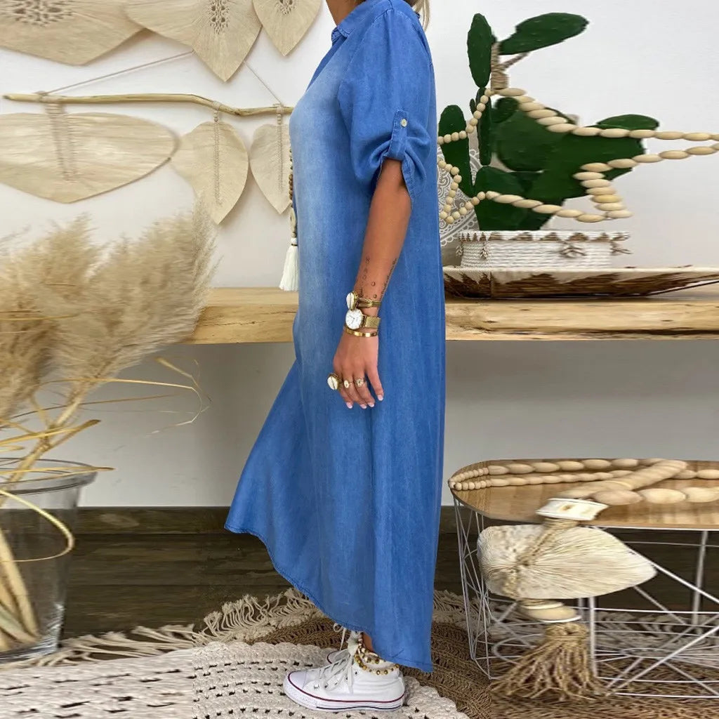 Marina™ | Denim‑Look Maxi Dress