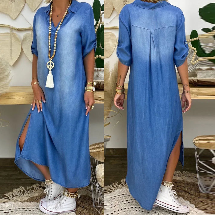 Marina™ | Denim‑Look Maxi Dress