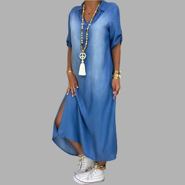 Marina™ | Denim‑Look Maxi Dress